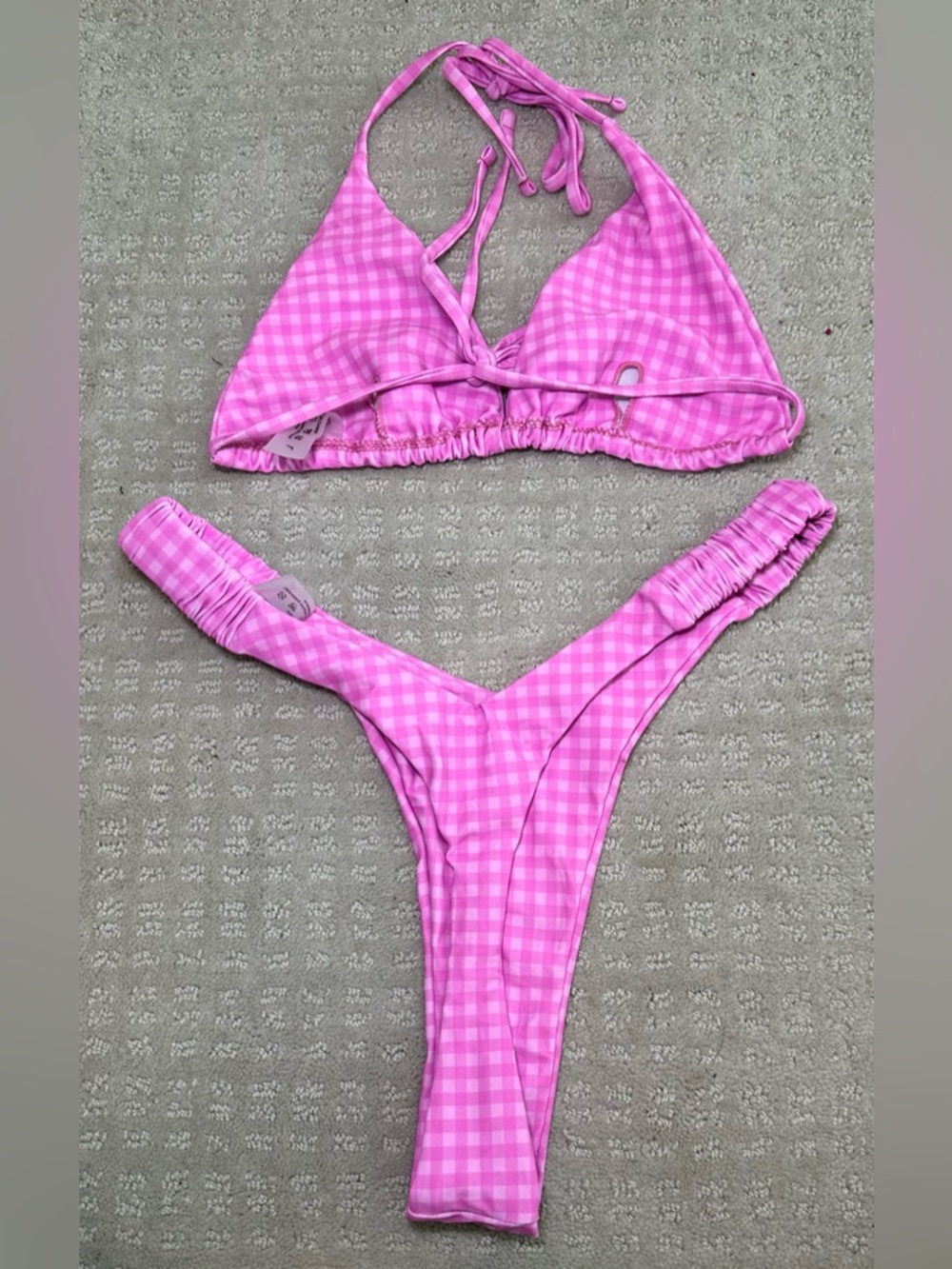 NWOT 3 Piece Bikini Bundle Gingham Check High Cut Triangle Swim‎ Pink Red Blue L - Picture 5 of 10